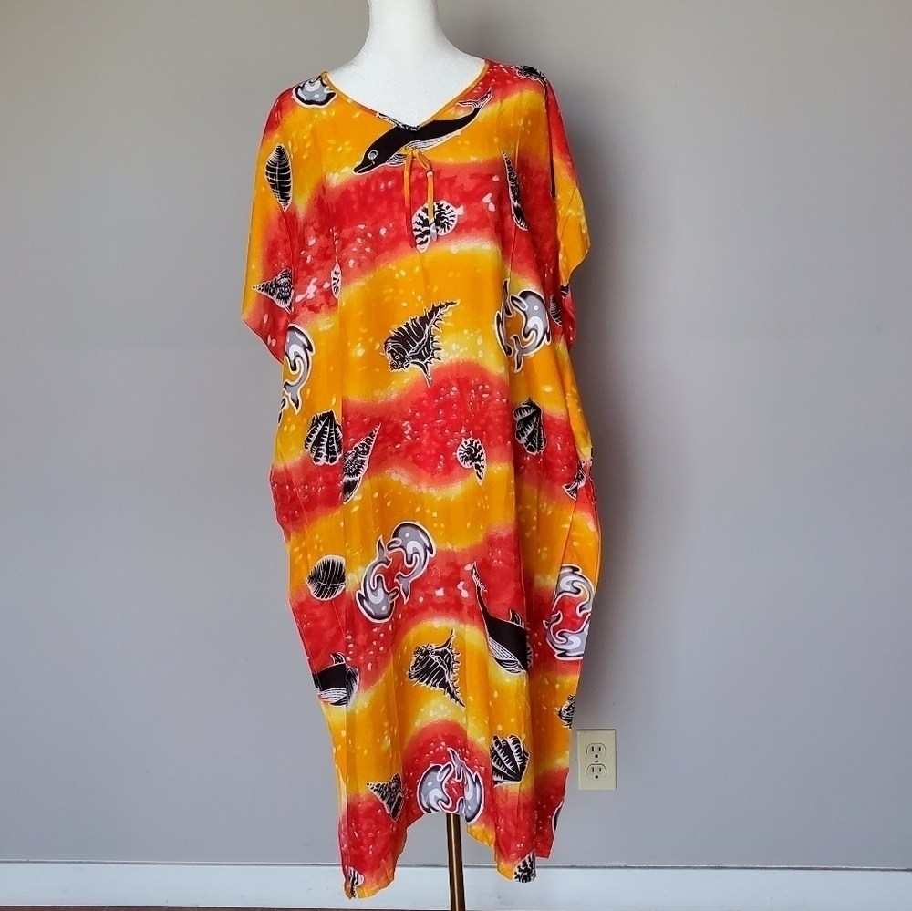 Easy Living Kaftan Womens XL Sea Life Print Longline Orange Pull-On Coverup XL